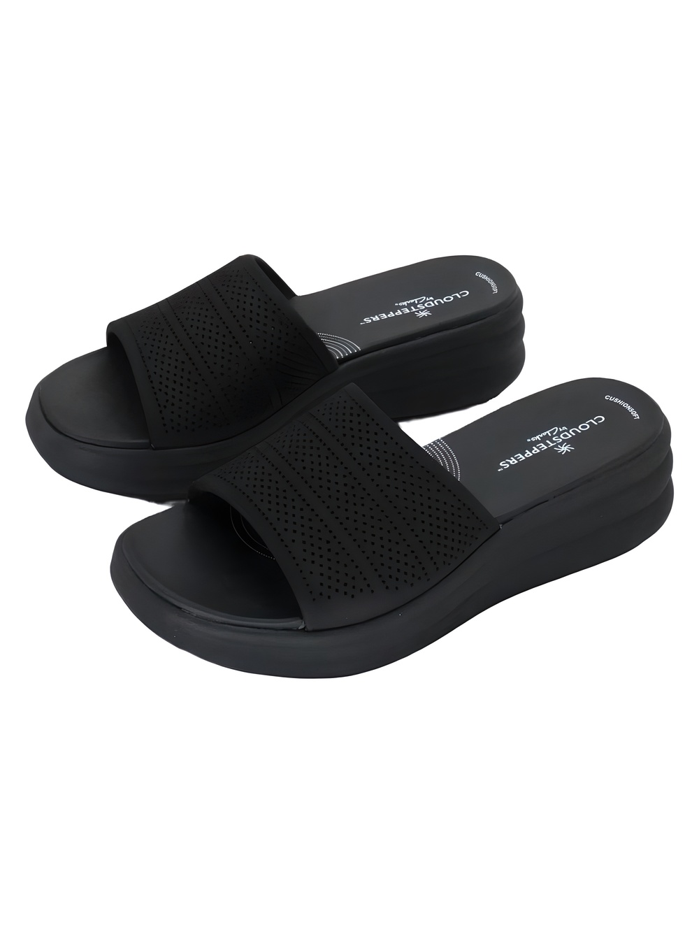 Clarks Cloudsteppers Drift Twist Black Wedge Slide Sandals Size 5M - Picture 2 of 6